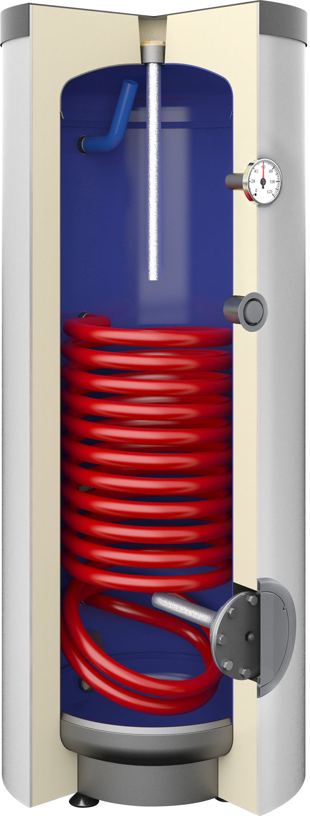 Indirect water heaters with a spiral coil and two spiral coils